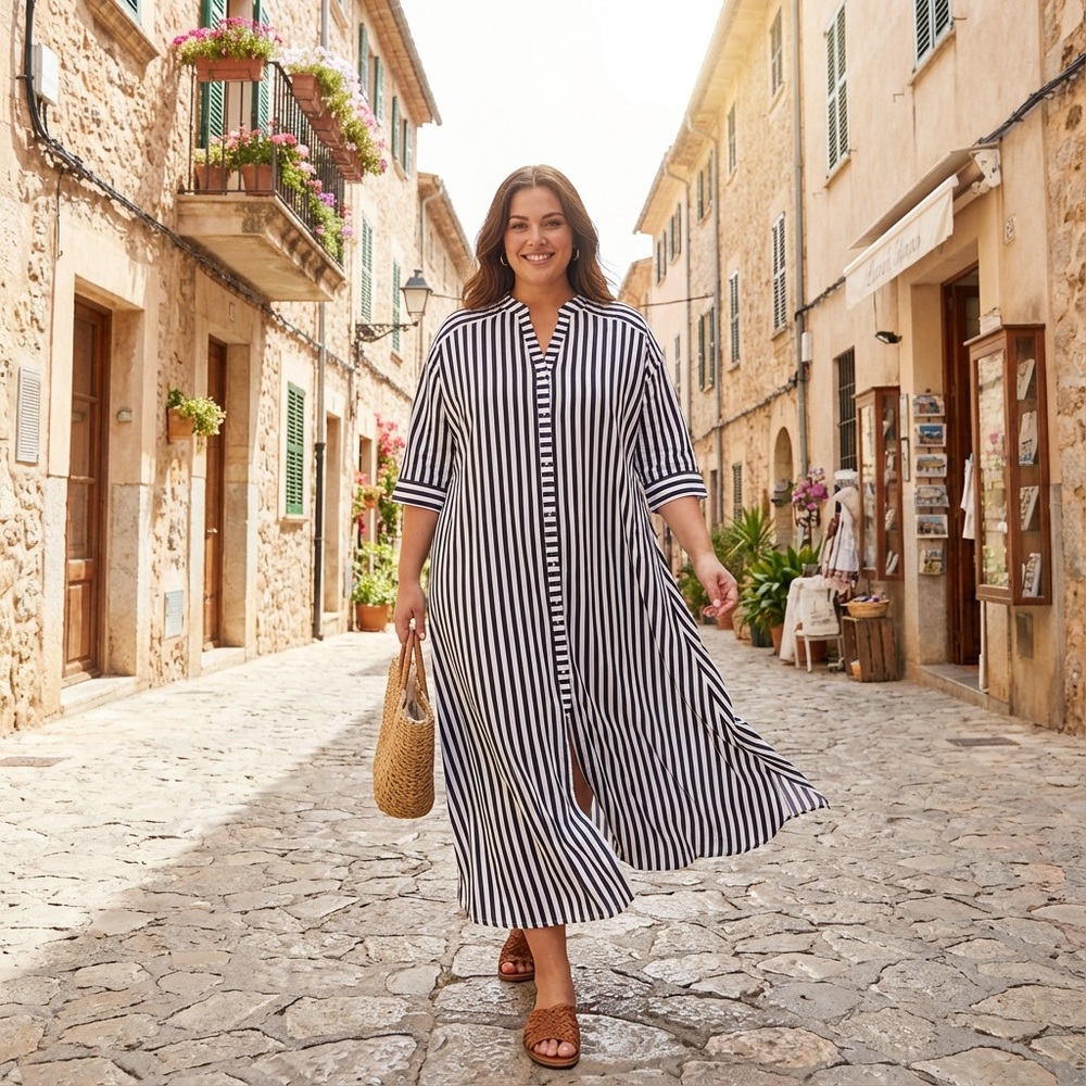 Black & White Vertical Stripe Maxi Shirt Dress / Duster